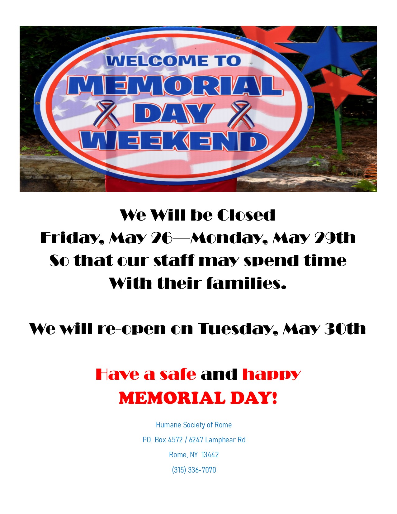 Closed For Memorial Day @ Humane Society of Rome