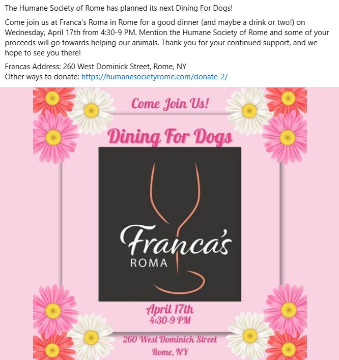 Dining for Dogs and Cats @ Franca's Roma